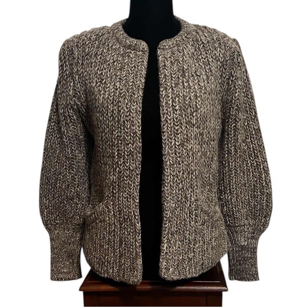 Vintage P.G.E. Wool Mohair Blend Chunky Knit Puff Sleeve Sweater Open Cardigan S